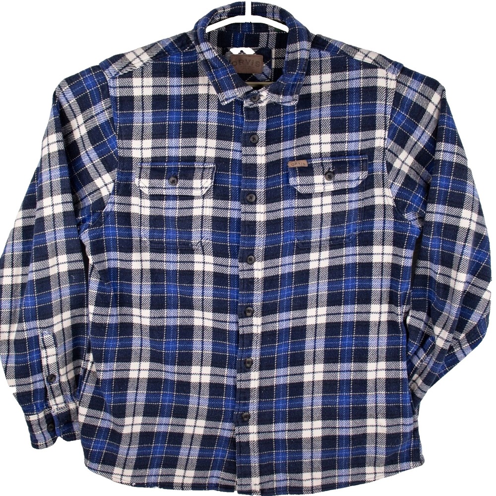 ORVIS Heavy Weight Flannel Blue Plaid Pockets 1312517 Men's SIZE L